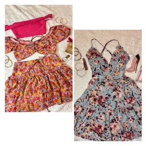 ⭐️FLORAL BUNDLE⭐️ pink floral skirt and top set , and blue floral dress